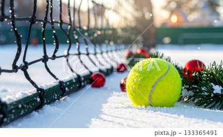Red and blue tennis balls on the ground in the winter snow make a unique seasonal decoration Red and blue tennis balls on the ground in the winter snow make a unique seasonal decoration 133365491