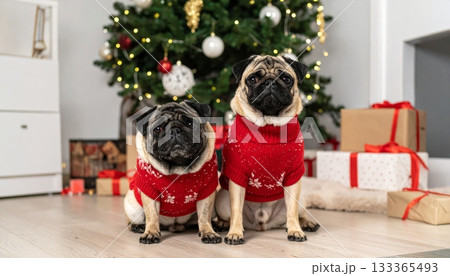 Little girl and boy with a cute pug puppy sitting by a Christmas tree, isolated on white background 133365493
