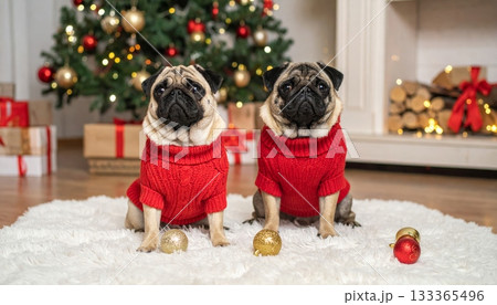 Little girl and boy with a cute pug puppy sitting by a Christmas tree, isolated on white background Little girl and boy with a cute pug puppy sitting by a Christmas tree, isolated on white background 133365496