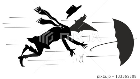 Rainy and windy day. Man. Umbrella. Man loses an umbrella and a hat on the strong wind. Black on white background illustration 133365589