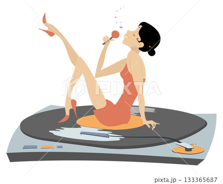Singer woman sits on the long play record. Long play record. Romantic young woman with microphone sings a song with great inspiration Singer woman sits on the long play record. Long play record. Romantic young woman with microphone sings a song with great inspiration 133365687