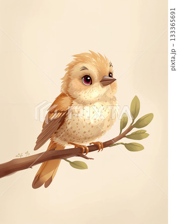 Cute brown bird illustration perched on a tree branch with green leaves, digital painting style of a small fluffy sparrow with large eyes on a beige background. Cute brown bird illustration perched on a tree branch with green leaves, digital painting style of a small fluffy sparrow with large eyes on a beige background. 133365691