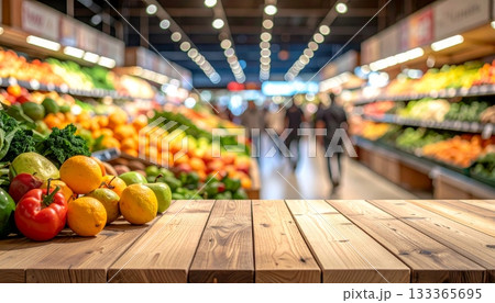 Shopping cart in the city street market with people walking past wooden tables of food 133365695