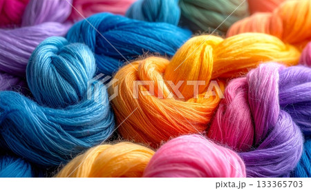 Colorful wool yarn balls close up textile craft knitting texture macro pattern 133365703