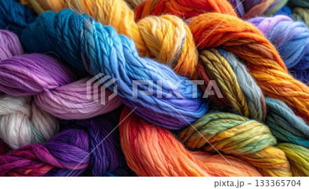 Colorful wool yarn balls close up textile craft knitting texture macro pattern 133365704