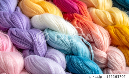 Colorful wool yarn balls close up textile craft knitting texture macro pattern 133365705