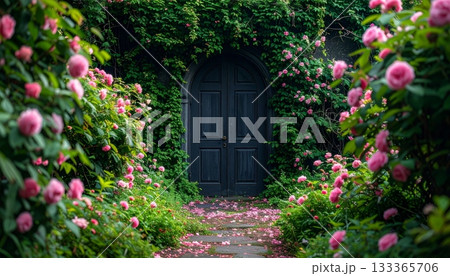Old stone entrance to a rustic Italian village home with flowers and wood windows 133365706