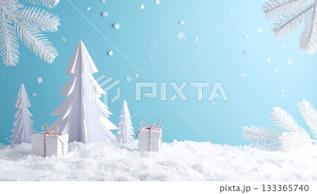 A blue Christmas card illustration featuring a snowy winter landscape, decorated tree, snowflakes, and holiday celebration scene 133365740
