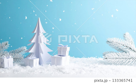 A blue Christmas card illustration featuring a snowy winter landscape, decorated tree, snowflakes, and holiday celebration scene A blue Christmas card illustration featuring a snowy winter landscape, decorated tree, snowflakes, and holiday celebration scene 133365741
