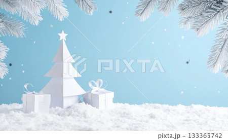 A blue Christmas card illustration featuring a snowy winter landscape, decorated tree, snowflakes, and holiday celebration scene 133365742