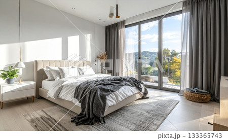 Luxury hotel bedroom interior with comfortable double bed, pillows, window, and modern furniture 133365743