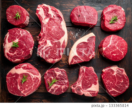 Different types of raw A5 beef on the wooden background 133365814