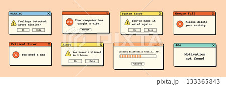 Retro vaporwave error popups and funny alert windows. 90s style surreal system dialog boxes with text and pastel UI elements. Flat Style Vector Illustration. 133365843