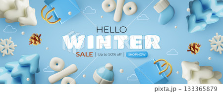 3d winter sale blue and white shopping background design with cute clay pine frees and snowflakes 133365879