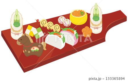 羽子板のプレートに盛られたお節 午年 羽子板のプレートに盛られたお節 午年 133365894