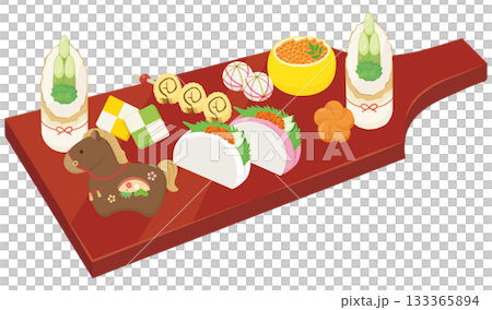 羽子板のプレートに盛られたお節 午年 羽子板のプレートに盛られたお節 午年 133365894