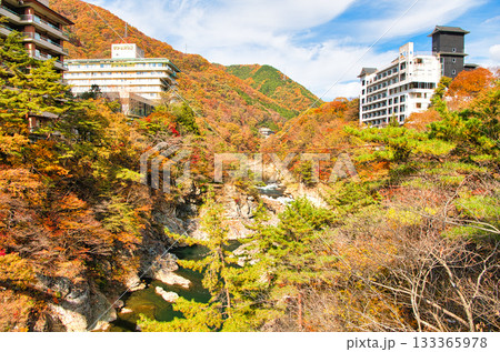 栃木県日光市　秋の紅葉に染まる鬼怒川温泉の風景 133365978