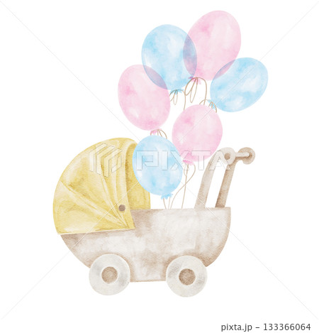 Beige stroller with pastel blue and pink balloons in hand drawn watercolor illustration great for baby shower cards, printable decor, nursery artwork and coordinated gender reveal design set 133366064