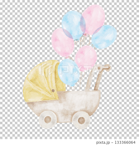 Beige stroller with pastel blue and pink balloons in hand drawn watercolor illustration great for baby shower cards, printable decor, nursery artwork and coordinated gender reveal design set 133366064