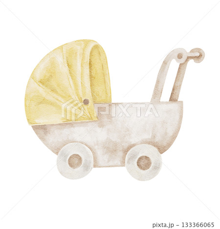 Yellow-canopy baby stroller rendered as hand drawn watercolor illustration perfect for maternity-themed stationery, baby shower invitations, nursery posters and for newborn-related products 133366065