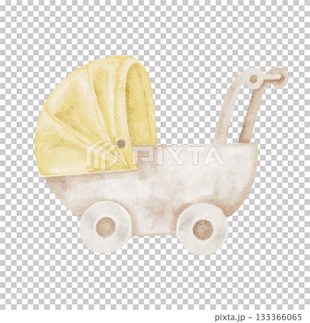 Yellow-canopy baby stroller rendered as hand drawn watercolor illustration perfect for maternity-themed stationery, baby shower invitations, nursery posters and for newborn-related products 133366065