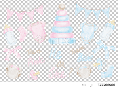Pink and blue party items, bunting, cake and baby clothing created as hand drawn watercolor clipart ideal for gender reveal invites, themed designs, printable banners and celebration stationery. 133366066