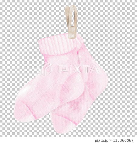 Pink baby socks pair illustrated as hand drawn watercolor clipart perfect for baby girl shower cards, product labels, invitations, nursery art and coordinated printable sets for infant-themed designs 133366067