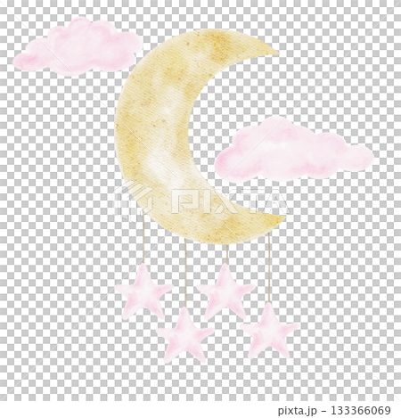 Gold crescent moon with pink clouds and dangling stars in hand drawn watercolor clipart designed for baby girl shower invitations, nursery prints, greeting cards and gender reveal decorative design Gold crescent moon with pink clouds and dangling stars in hand drawn watercolor clipart designed for baby girl shower invitations, nursery prints, greeting cards and gender reveal decorative design 133366069