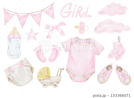 Pink baby clothes, bottles, booties and bunting in a hand drawn watercolor illustration perfect for baby shower stationery, invitations, nursery prints and for newborn celebrations Pink baby clothes, bottles, booties and bunting in a hand drawn watercolor illustration perfect for baby shower stationery, invitations, nursery prints and for newborn celebrations 133366071