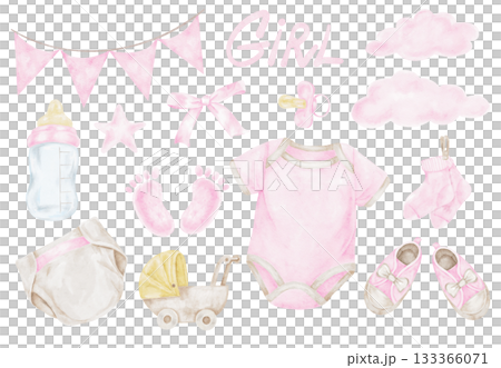 Pink baby clothes, bottles, booties and bunting in a hand drawn watercolor illustration perfect for baby shower stationery, invitations, nursery prints and for newborn celebrations 133366071