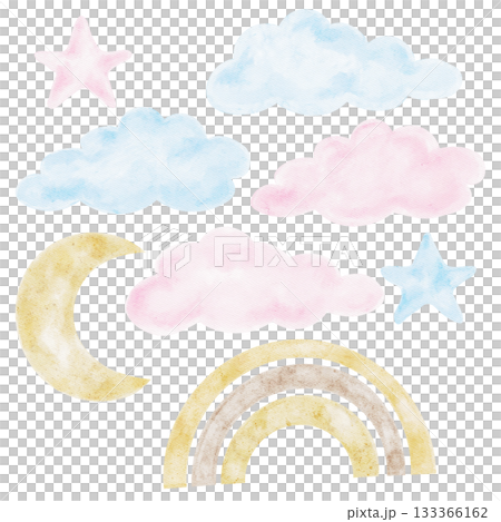 Pastel clouds, stars, moon, and rainbow shown in soft watercolor tones create a celestial hand-drawn clipart. Ideal for baby shower invitations, nursery prints, scrapbooking Pastel clouds, stars, moon, and rainbow shown in soft watercolor tones create a celestial hand-drawn clipart. Ideal for baby shower invitations, nursery prints, scrapbooking 133366162