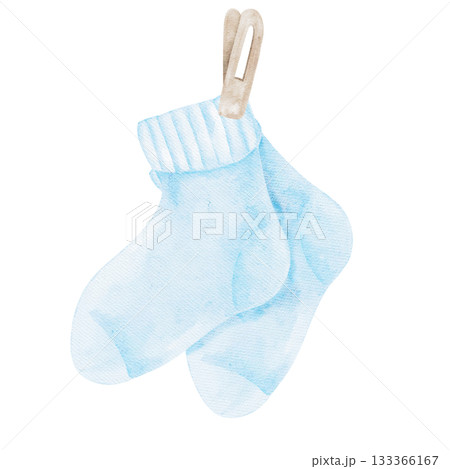 Blue baby socks in paired form painted with delicate wash create a soft watercolor clipart. Hand-drawn design for baby shower labels, newborn announcements, printable decor, and packaging Blue baby socks in paired form painted with delicate wash create a soft watercolor clipart. Hand-drawn design for baby shower labels, newborn announcements, printable decor, and packaging 133366167