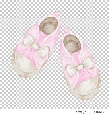Pink baby girl shoes with gentle shading are shown in a soft watercolor clipart style. This hand-drawn element suits baby shower stationery, gender reveal invitations, nursery wall art Pink baby girl shoes with gentle shading are shown in a soft watercolor clipart style. This hand-drawn element suits baby shower stationery, gender reveal invitations, nursery wall art 133366178