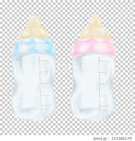 Blue and pink baby bottles in soft pastel tones create a charming watercolor clipart illustration. Hand-drawn clipart for baby shower prints, invitation designs, tags, and nursery decor. Blue and pink baby bottles in soft pastel tones create a charming watercolor clipart illustration. Hand-drawn clipart for baby shower prints, invitation designs, tags, and nursery decor. 133366179
