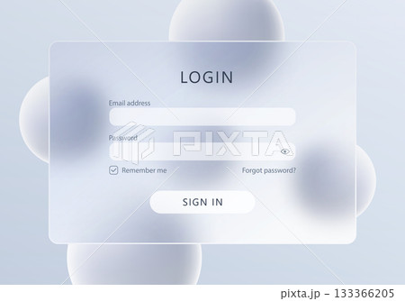Elegant login form with soft glassmorphism effect and smooth background spheres, modern UI design layout 133366205
