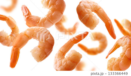 Boiled prawns levitate on a white background Boiled prawns levitate on a white background 133366449