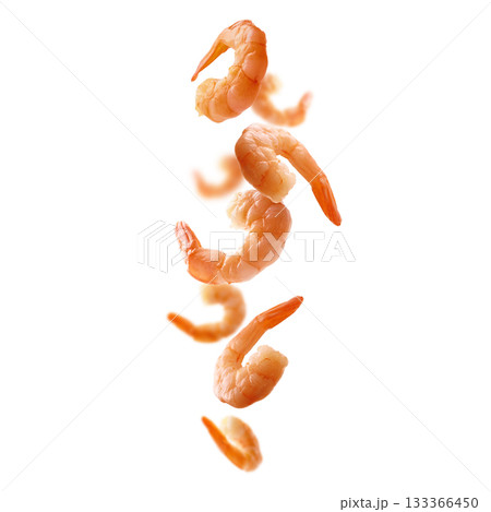 Boiled prawns levitate on a white background 133366450