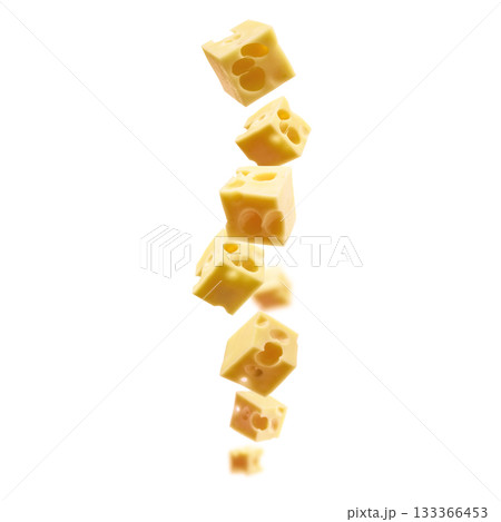 Cheese cubes levitate on a white background 133366453