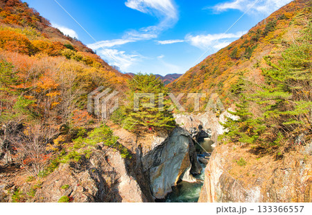 栃木県日光市　秋の紅葉に染まる龍王峡と鬼怒川 133366557