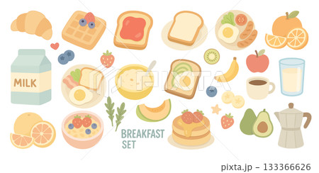 食材と飲み物のナチュラル朝食セットイラスト、Natural Breakfast 食材と飲み物のナチュラル朝食セットイラスト、Natural Breakfast 133366626