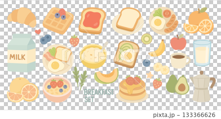 Natural breakfast set illustration of ingredients and drinks, Natural Breakfast 133366626