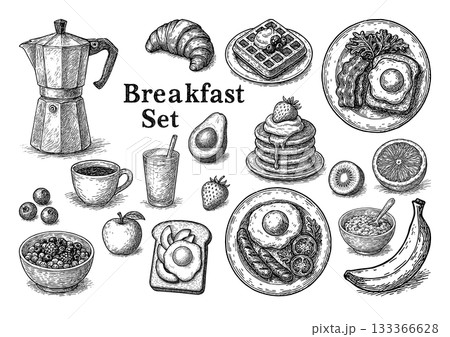 手描き風・朝食セットのペン画イラスト、Hand-Drawn Breakfast Set  133366628