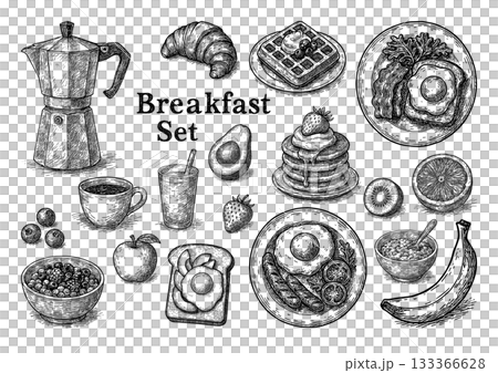 手描き風・朝食セットのペン画イラスト、Hand-Drawn Breakfast Set  133366628
