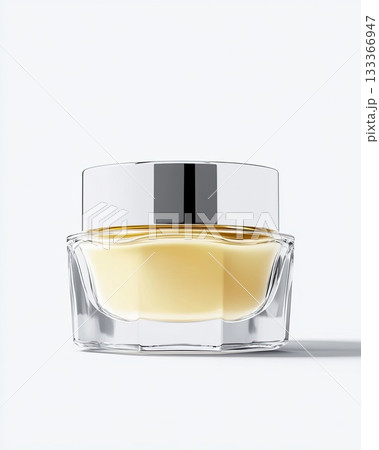 Isolated image of a cosmetic cream jar and bottle, sleek glass containers with smooth cream texture, beauty and skincare theme, elegant and minimalistic design, white background 133366947