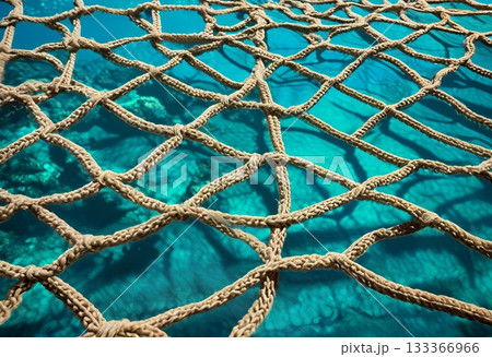 Thick rope net contrasts clear turquoise ocean water below. AI Generated 133366966