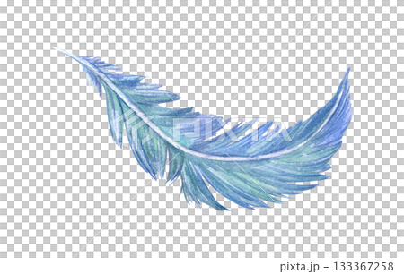 Watercolor blue green bird feather illustration on isolated background. Hand painted colored fluffy bird plume. Natural element for carnival mask decor, dreamcatcher, ethnic design, Easter card. 133367258