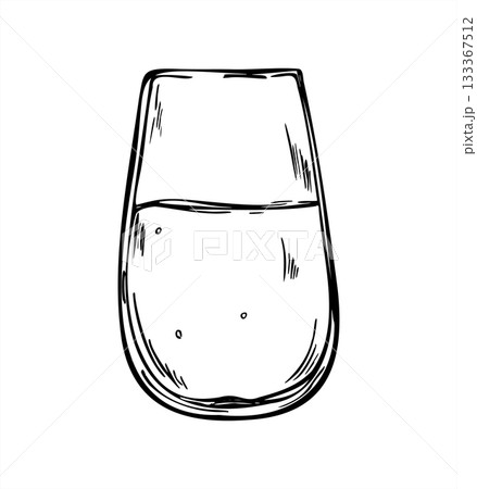 Half full glass with refreshing carbonated beverage monochrome vector isolated illustration painted by black inks. Sparkling drink with bubbles etching drawing. Mineral water for menu, summer design 133367512