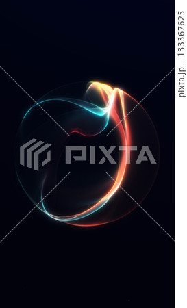Vertical abstract glowing orb with pink and green flowing neon curves forming smooth dynamic energy shapes on a dark background. Vertical abstract glowing orb with pink and green flowing neon curves forming smooth dynamic energy shapes on a dark background. 133367625