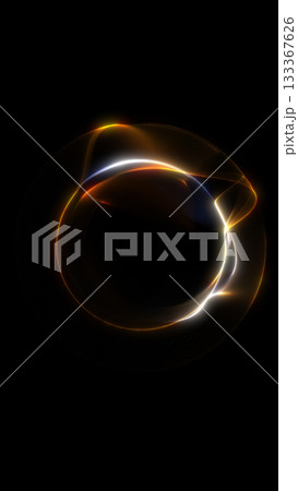Vertical futuristic orb with orange and blue gradient glow and smooth flowing energy curves. Abstract digital sphere on a dark minimal background. 133367626