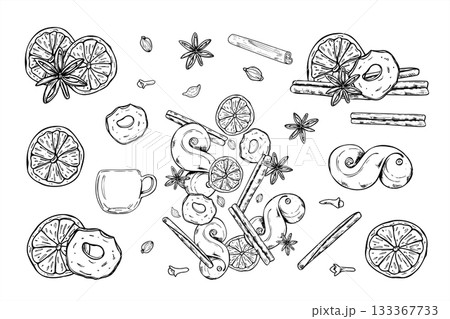 Christmas spices, dried fruit slice and saffron bun black and white vector illustration clip art. Cinnamon sticks, orange and apple slices, anise, cardamom, traditional Swedish lussekatt graphic set 133367733